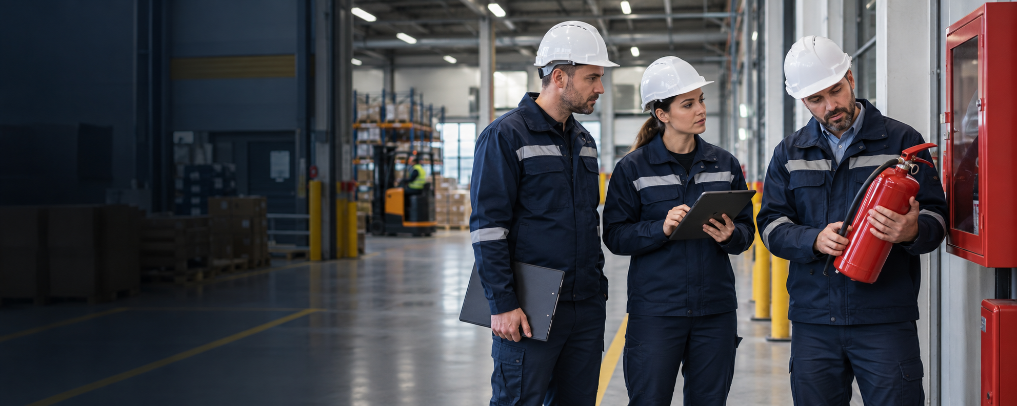 Ekip inxhinierësh duke inspektuar pajisjet e mbrojtjes nga zjarri në një ambient industrial